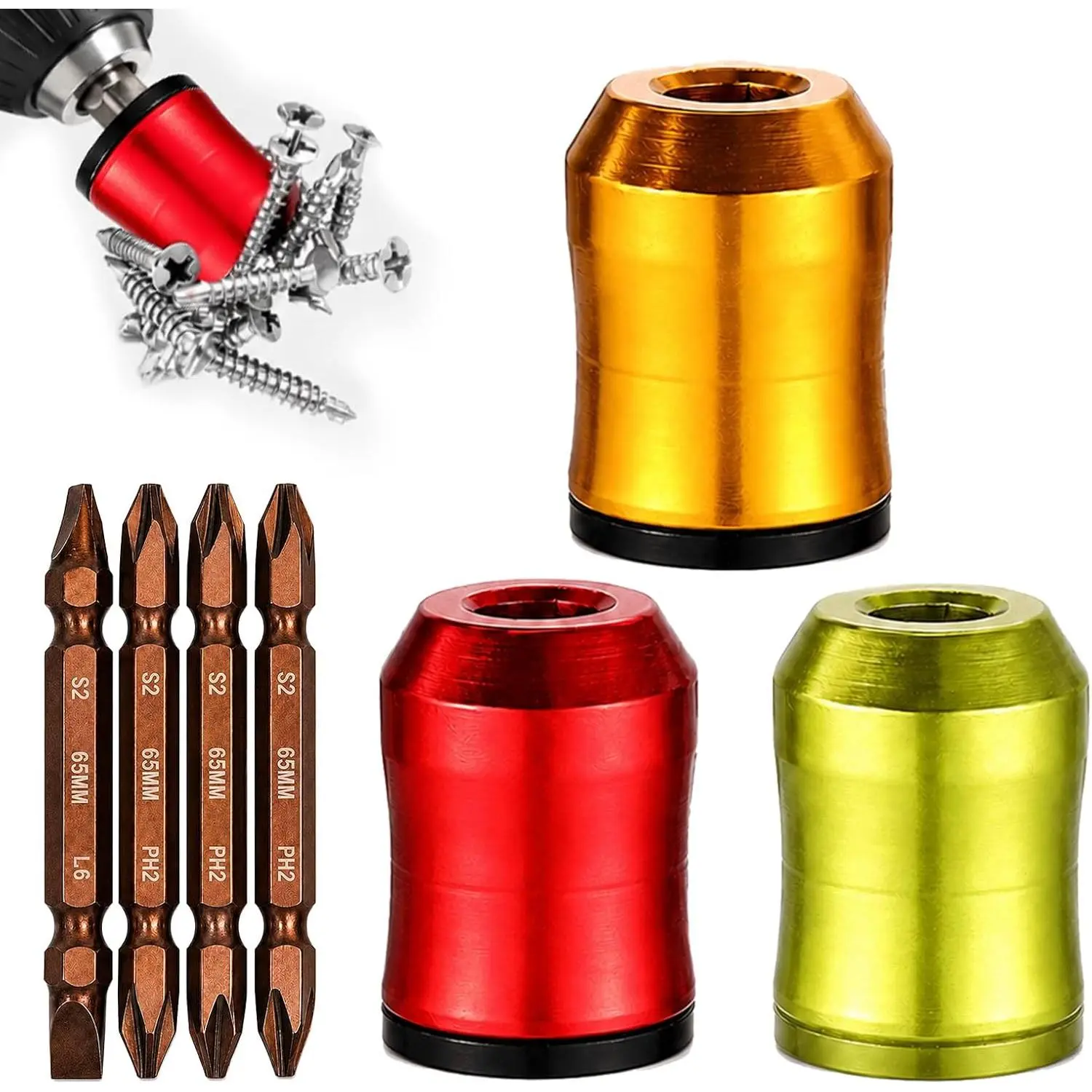 Magnetized PH2 Hex Drill Bits & Alloy Screw Holder Set with Removable Rings - 4 Bits, 3 Rings, Screwdriver Components for DIY Users, Household Repair Tasks