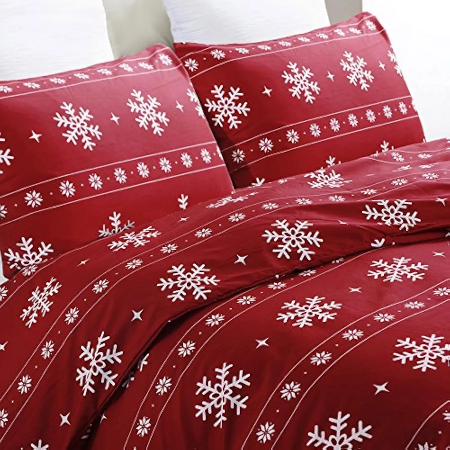 Soft Microfiber Christmas Duvet Cover Set, Snowflake  Design Christmas Holidays, Red Color -  Size