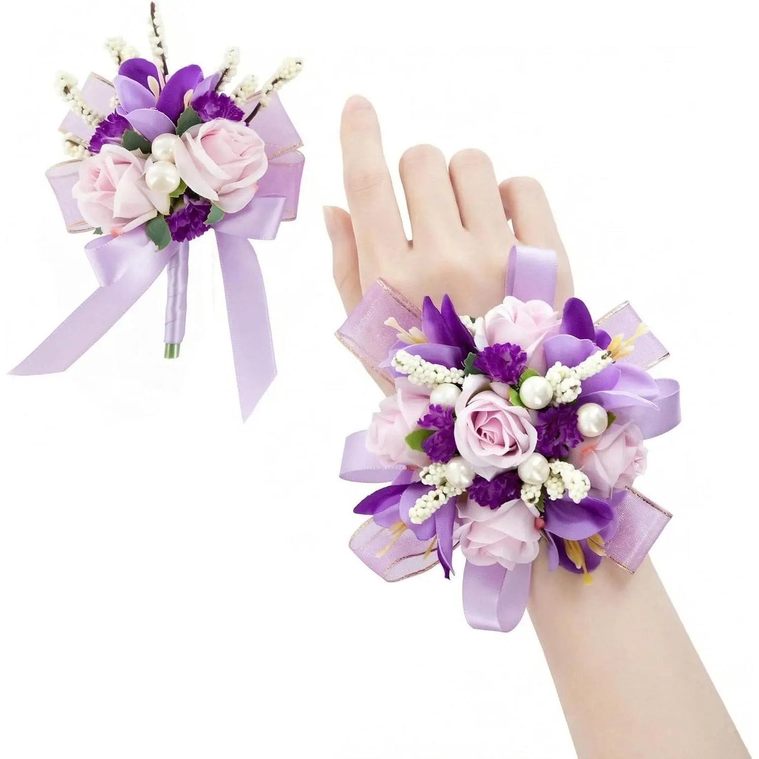 Purple Lilac Corsage and Boutonniere Set Prom Wrist Corsage Flower |   Rose Floral Wrist Corsage Wristlet Band Bracelet, Boutonniere for Men Wedding Flowers Accessories Homecoming Suit Decorations