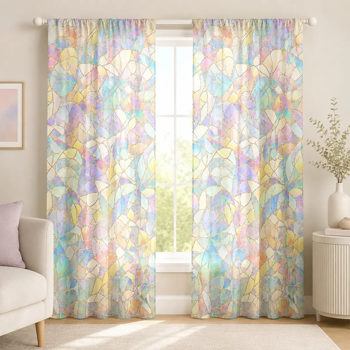 2-piece macaron-colored stained glass gold-trimmed curtains, dreamy stained glass semi-blackout floor-length curtains for bedrooms, pocket rod installation, polyester material, suitable for living rooms, kitchens, bedrooms, studies, etc.
