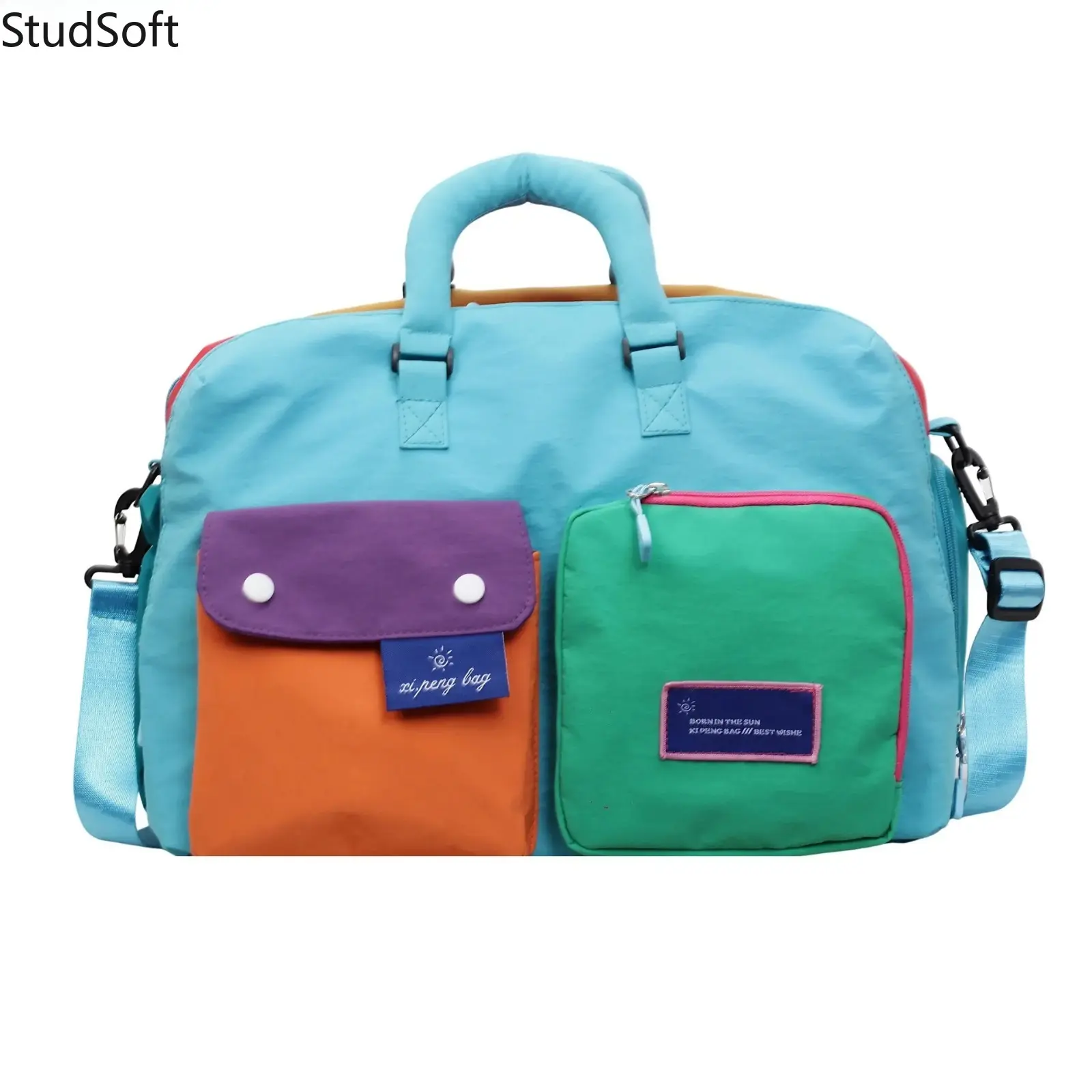 Sporty Color Block Weekender Duffel Bag, High-Capacity Unisex Foldable Travel Tote for Gym & Sports with Wet/Dry Pocket, Colorful Block, Duffel/Weekender Bag, Sporty Sport Rainwear