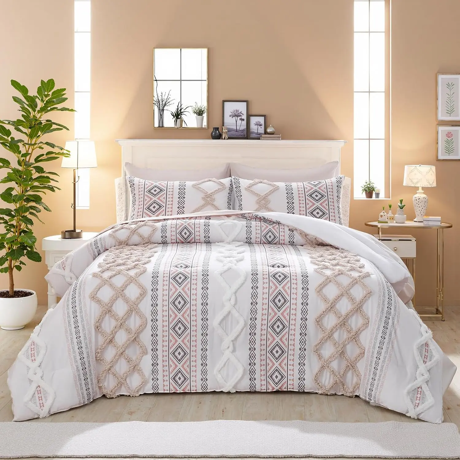 Beige Tufted Comforter Set Queen Size 7 Pieces Farmhouse Bedding Set Boho Aztec Comforter Set and Sheet Set Mid Century Boho Tufted Comforter Set for All
