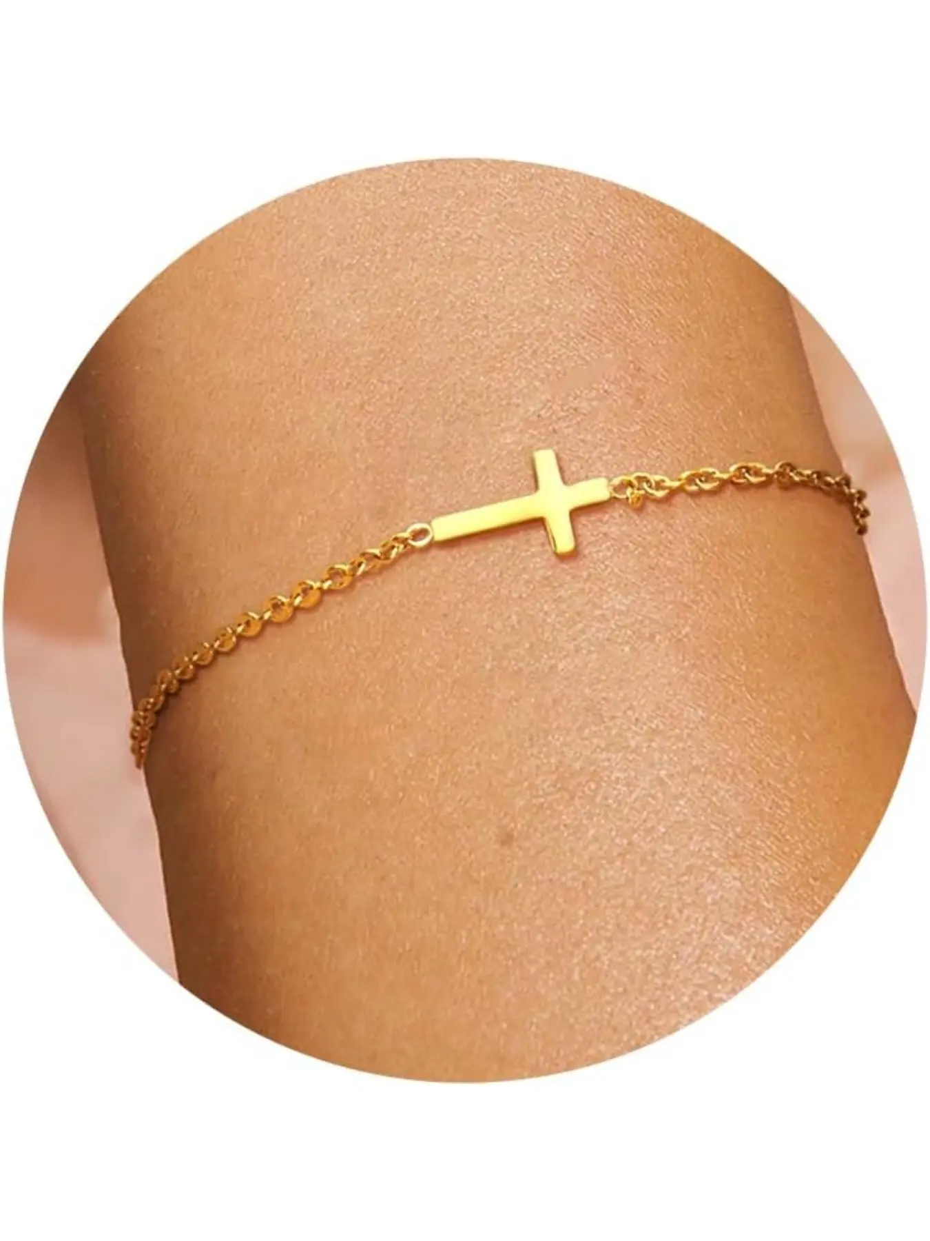 Gold Bracelets, Fashion Wrist Jewelry, for Women Non Tarnish 14K Gold Plated Stainless Steel Evil Eye Beaded Pearl Cubic Zirconia Cross Charm Adjustable Paper Clip Link Chain Waterproof Bracelets