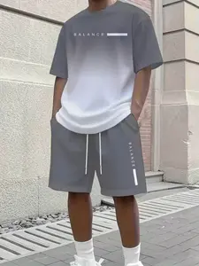 Men's Letter Digital Print Gradient T-Shirt & Beach Shorts Set, Menswear Casual Round Neck Short Sleeve T-Shirt & Drawstring Shorts, Two-Piece Set Outfit