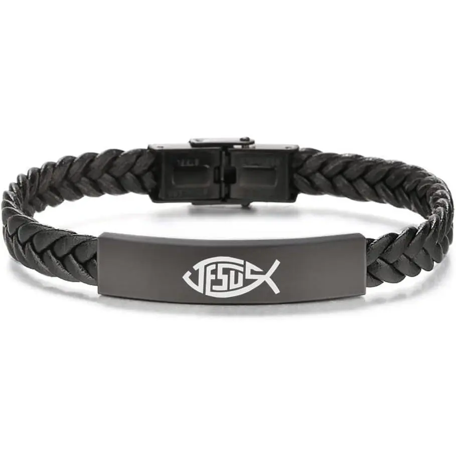 Dainty Christian  Fish Ichthys Faith Leather Bracelet, Catholic Christ Lord's Guidance Meditation Bangle for Prayer Baptism Communion Church Birthday, 8.26''