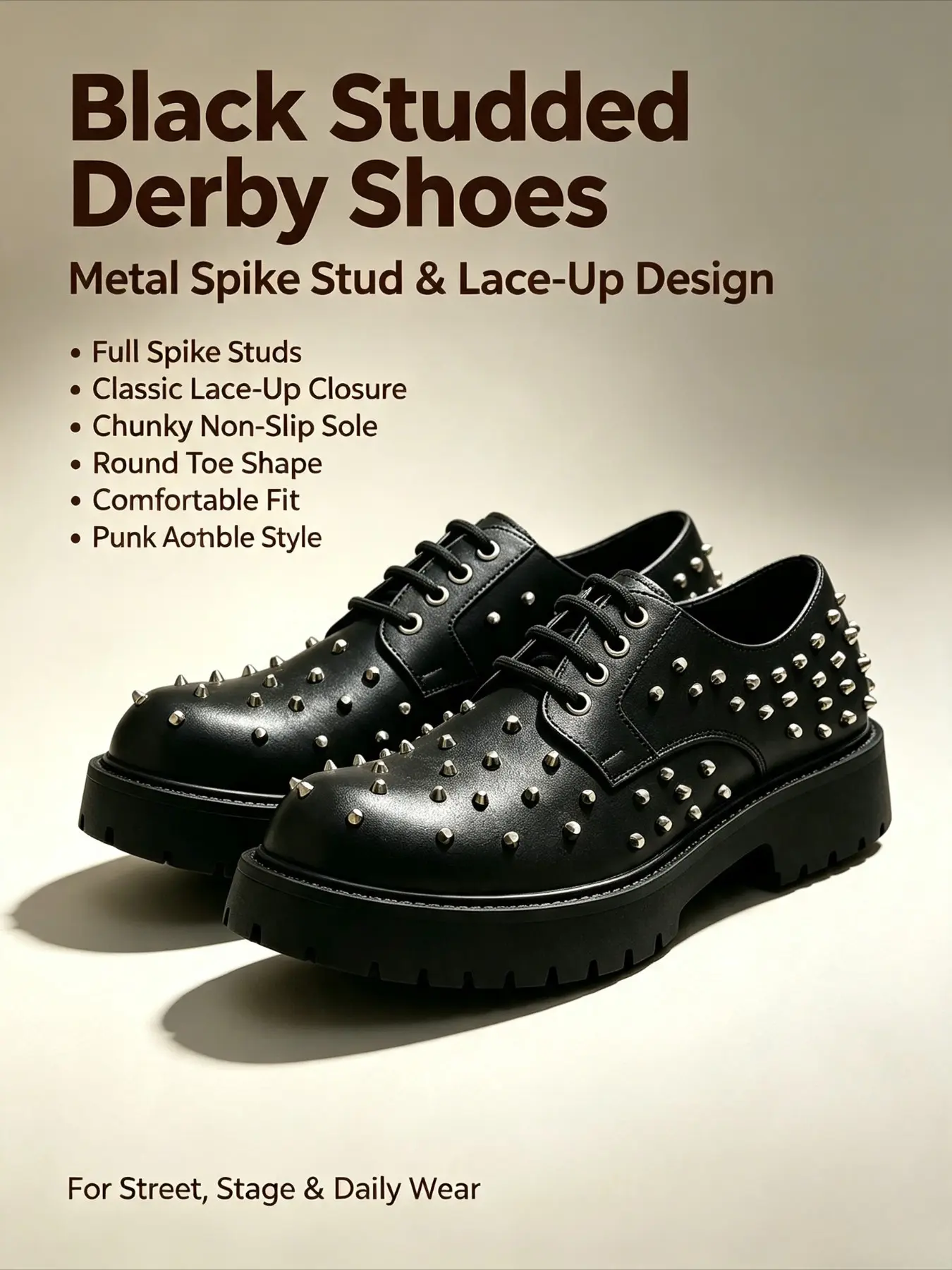 Punk Style Rivet Buckle Thick Sole Sneakers, Full Coverage Metal Rivets, Anti-Slip Deep Tooth Sole, Streetwear Fashion, Men's Trendy Derby Shoes