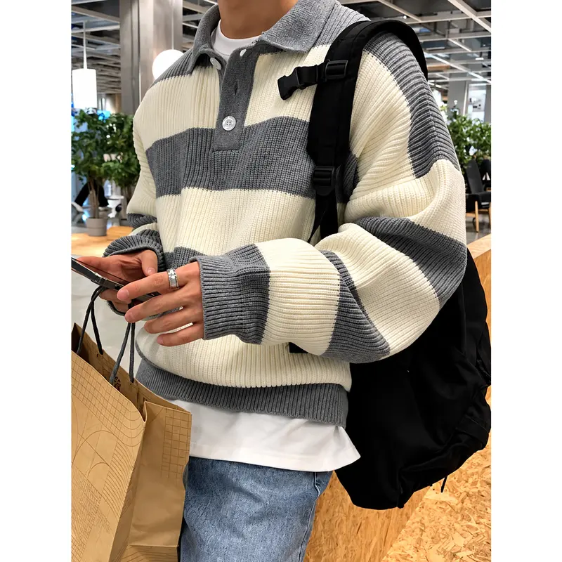 Men’s color-block striped polo-collar sweater, buttoned turn-down collar, loose knit pullover, casual warm autumn/winter top