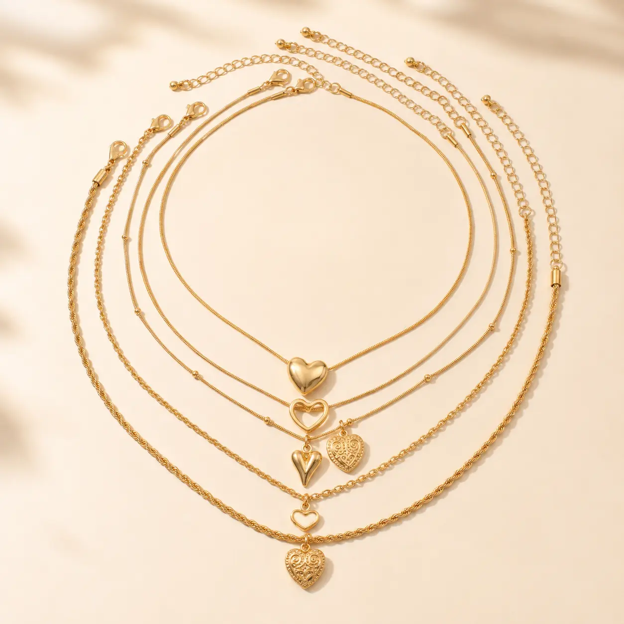 Women’s Gold Layered Heart Necklace Set, 5 Layer Love Pendant Chain Necklace, Feminine Everyday Jewelry for Women