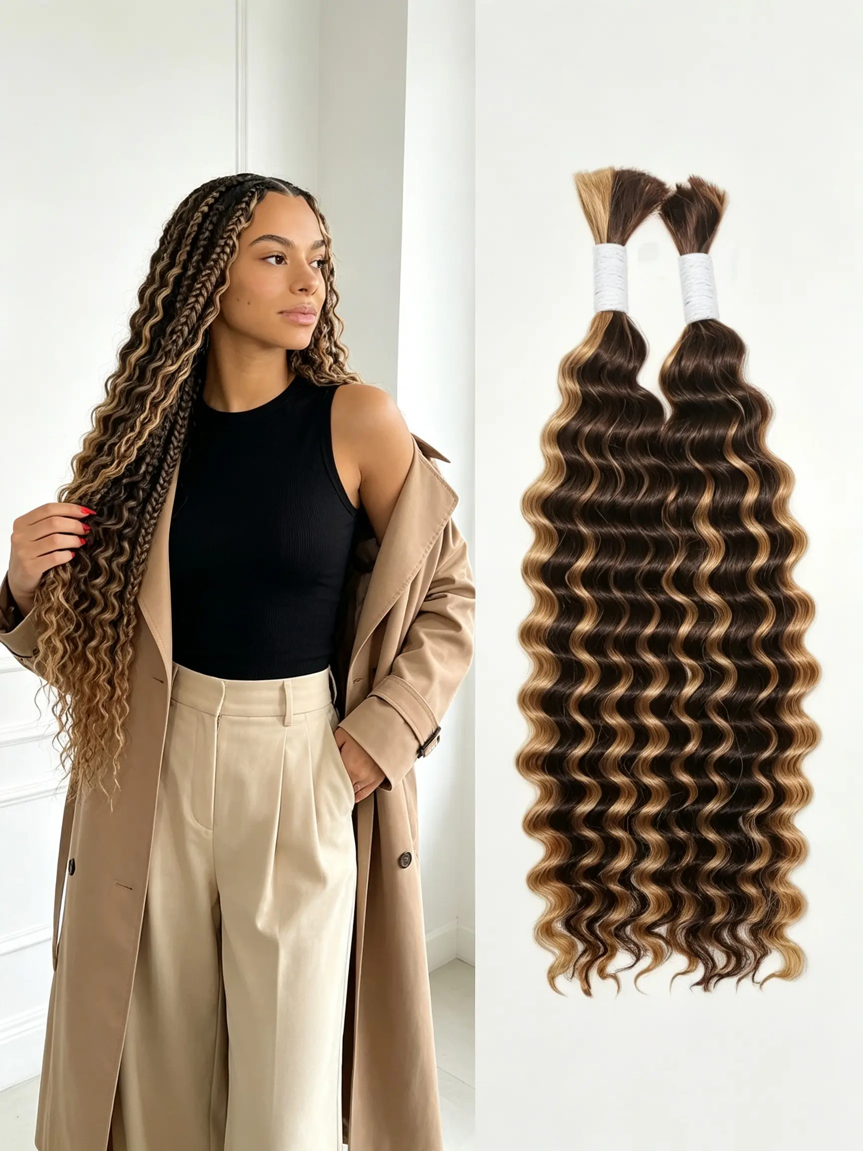 2 Bundles Deep Wave No Weft Micro Braiding Human Hair Bundles 2 Pcs Set 4 27 Highlight Hair Extensions For Women Size Range 14 To 28 Inch Perfect For Boho Braids