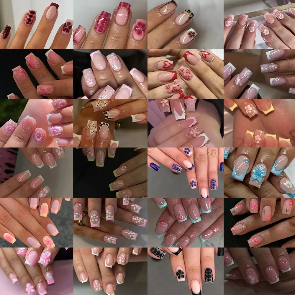 576pcs Short Square French Press-On Nails, 3D Gel Flowers, Peony Nail Art, Polka Dot and Leopard Patterns, Acrylic False Nails Set, Home Nail Art, Decorative Nails