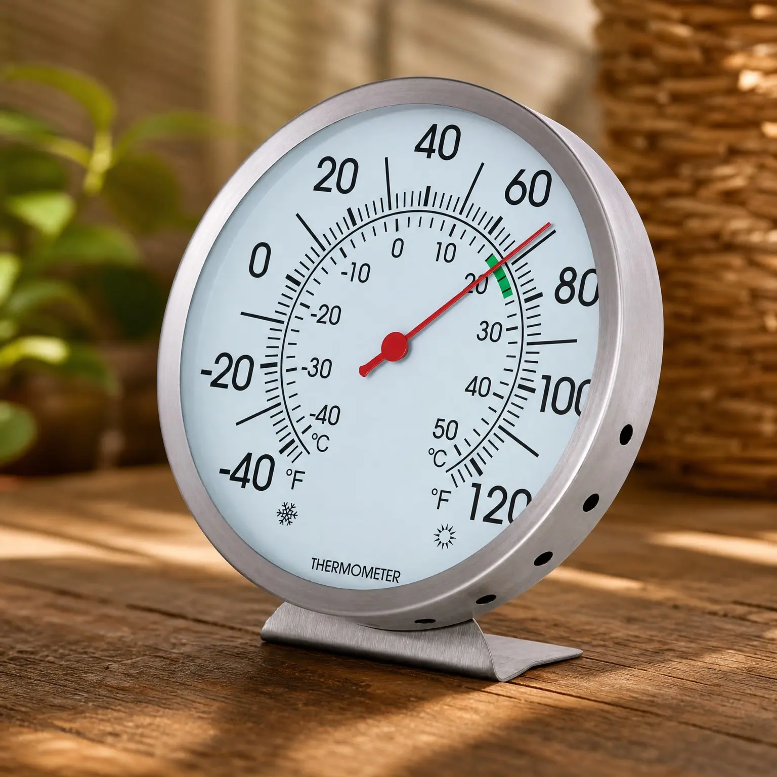 5 Inch Large Dial Indoor Outdoor Thermometer - Battery-Free, Dual Scale -40°F to 120°F / -40°C to 50°C, Stainless Steel with Wall Mount or Table Stand for Home, Patio, Garage