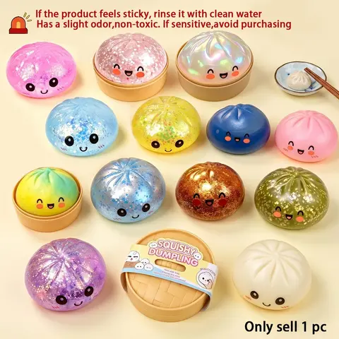 【Blind Box】 2026 New Glitter Steamed Bun Squishy with Steamer Box, Soft Sensory Fidget Toy, Stress Relief Dumpling Squeeze Toy, Sparkly Squishies for Adults