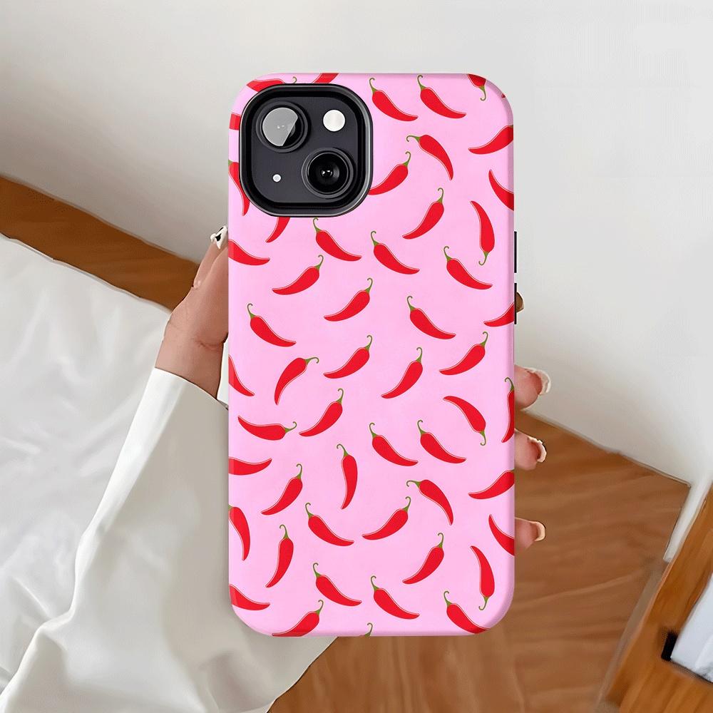 Phone Case - Red Pepper Stylish Style, Pink Pattern Two-In-One Film Case-Tough, Dual Layered Case for Durable, Drop Proof, for Iphone 17, 16, 15, 14, 13, 12, 11, 8, 7, X, XS, XR, Plus, Air, Pro, Max, Mini, SE2, SE3