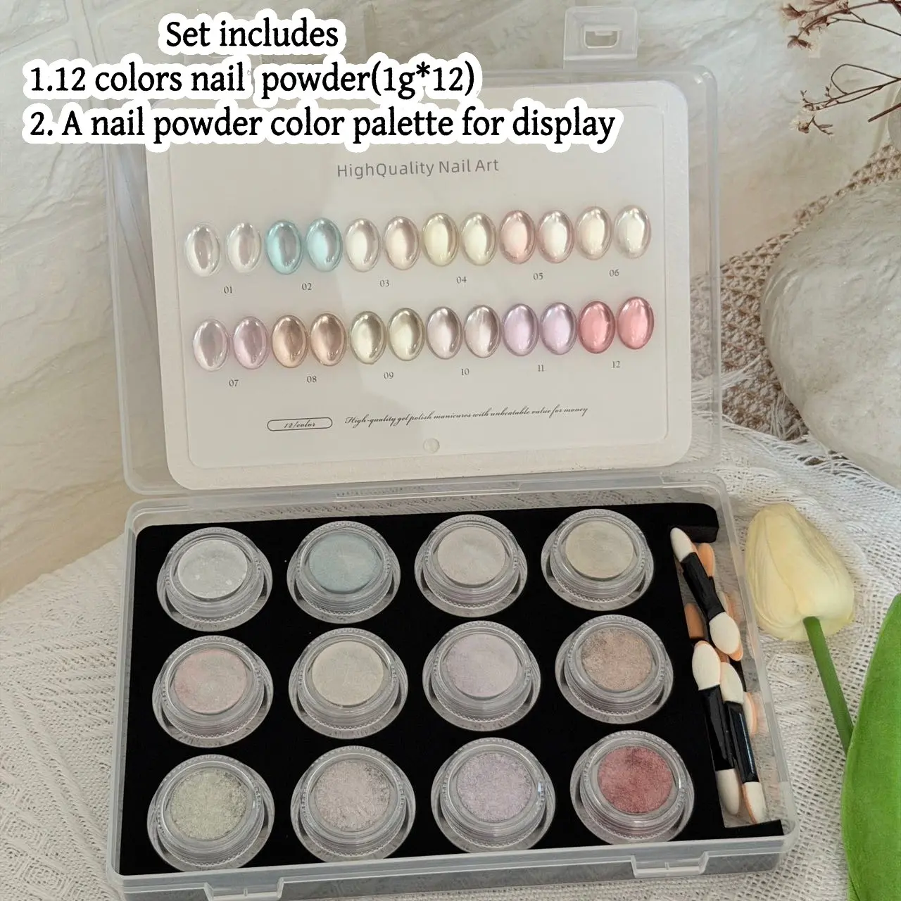 High-End Nail Art Kit, 12 Colors Water Mist Flower Series Nail Powder, Includes Color Palette, Ultra-Fine Glitter, Perfect Gift