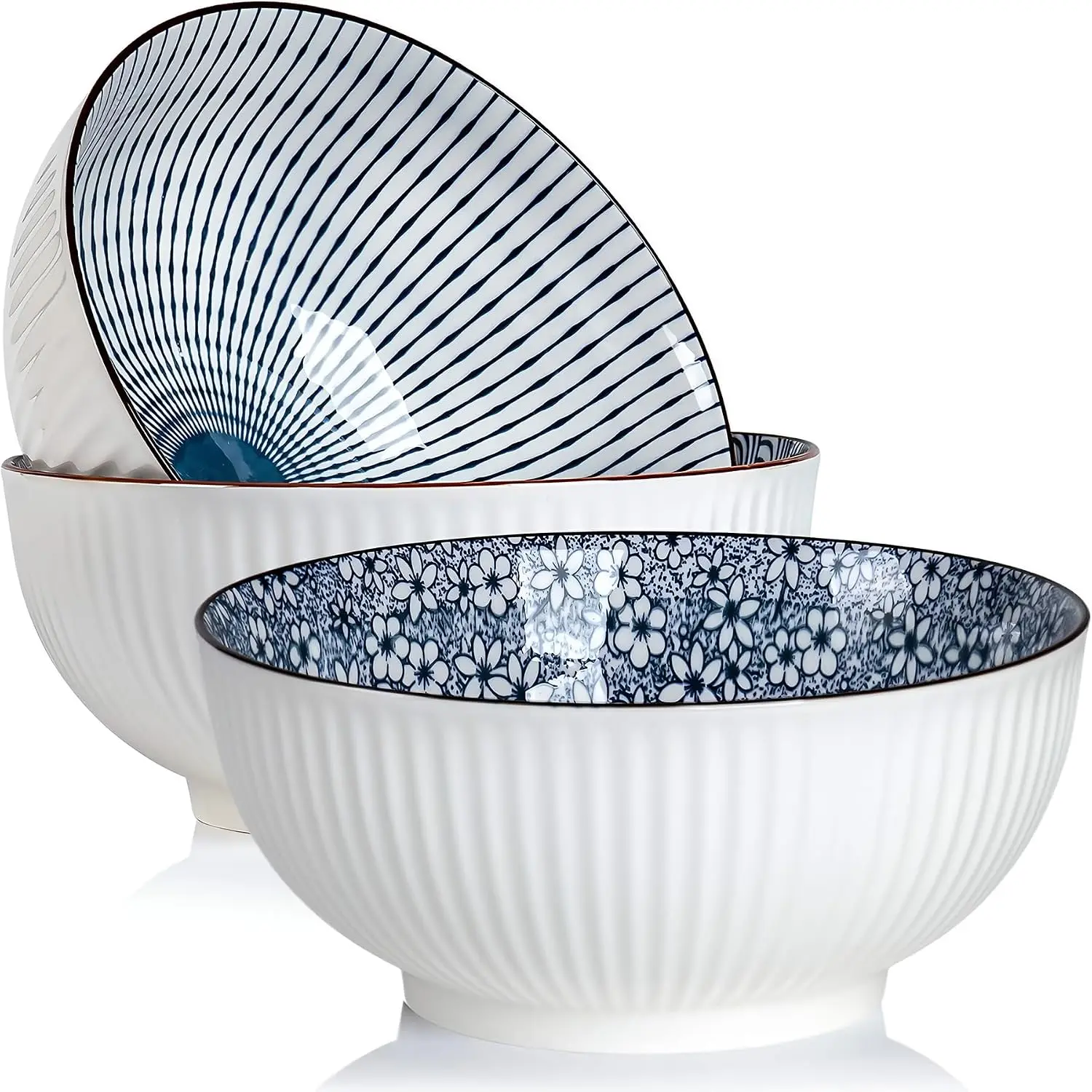 60 oz Large Soup Bowl, Pho Bowls,  Ramen Bowls Set of 3, 8 in Blue and White Porcelain Big Bowls for Eating - 3 Mixing Patterns