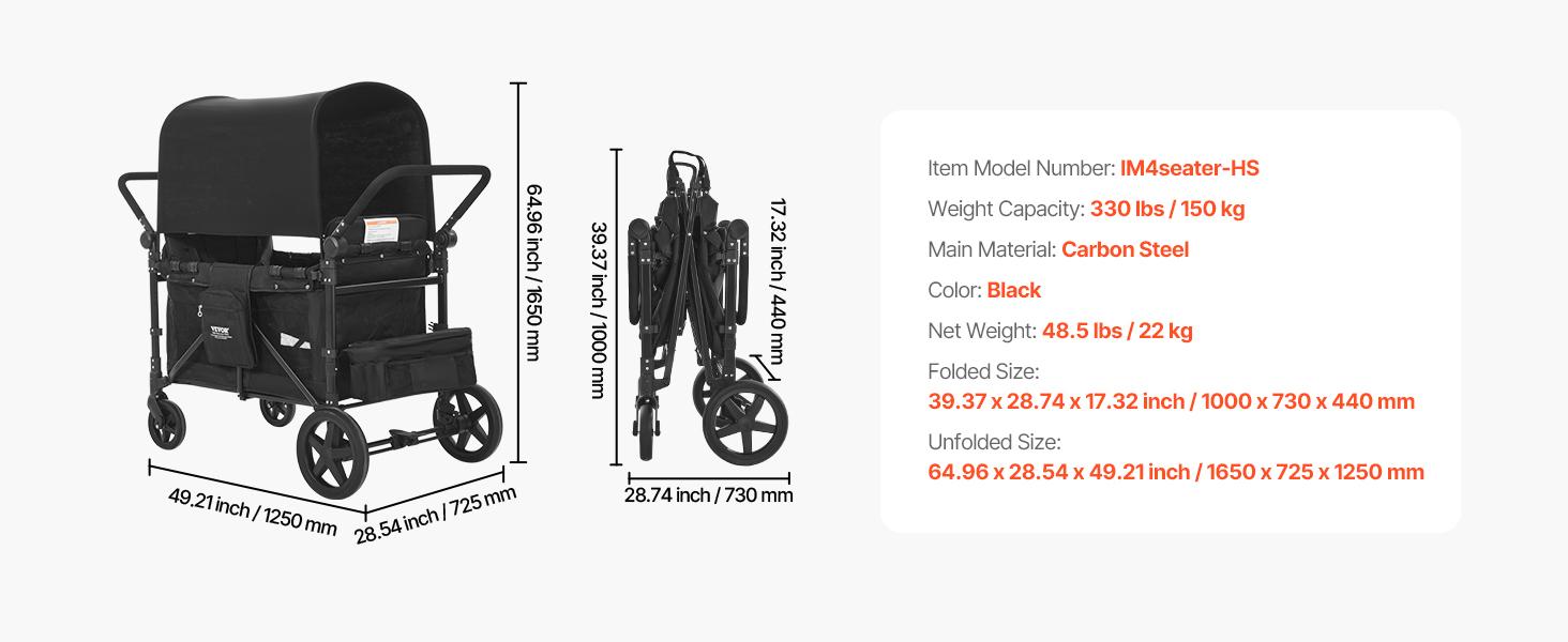 VEVOR  Wagon Stroller for 4 Kids, Push Pull Quad Collapsible Stroller with Adjustable Handle, 5-Point Safety Harness & Removable Canopy, 4-Seater Stroller Wagon for Camping, Black (330LBS Loading)