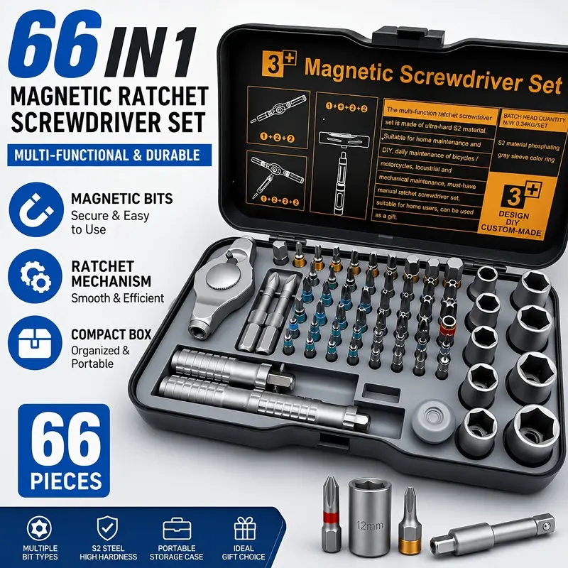 66-in-1 screwdriver set, a home emergency repair kit, precision tools for disassembling electronic devices; a multi-functional DIY set suitable for furniture assembly and bicycle repairs, as well as a great gift for men. It includes an ergonomic rotating
