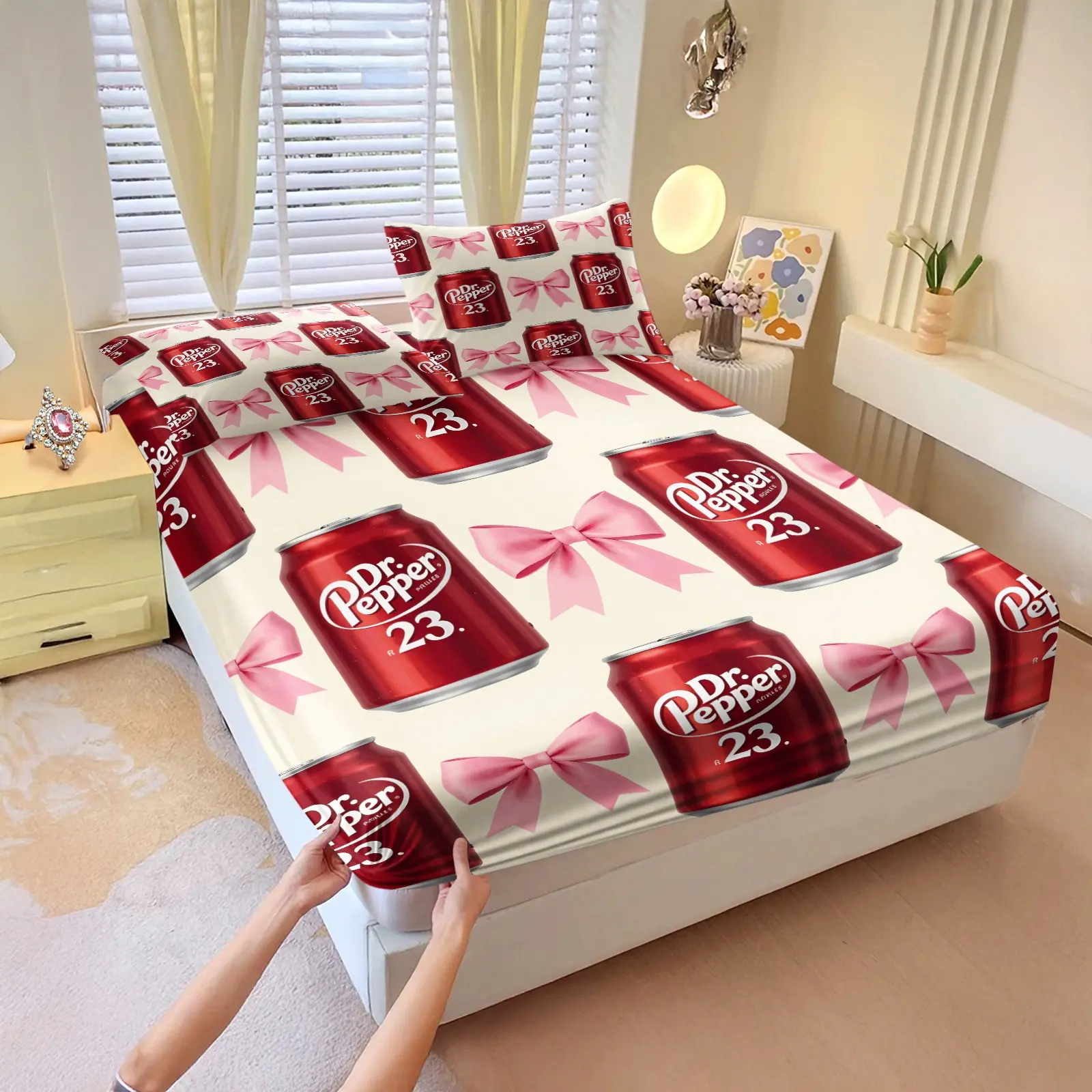 Pepper American Retro Drink Can Bow Fitted Sheet Set & 2 Pillowcases, Red Can and Pink Bow Print Bedding, Elastic Binding Deep Pocket Design, Y2K Sweet Cool Style Teen Bedroom Dorm Gaming Room Decor