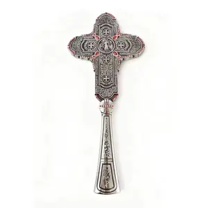 10.63inches Orthodox Handheld Blessing Cross, Inlaid Red Rhinestones Metal Prayer Crucifix, For Priest Church Ritual, Home Prayer Decor, Religious Baptism Confirmation Gift