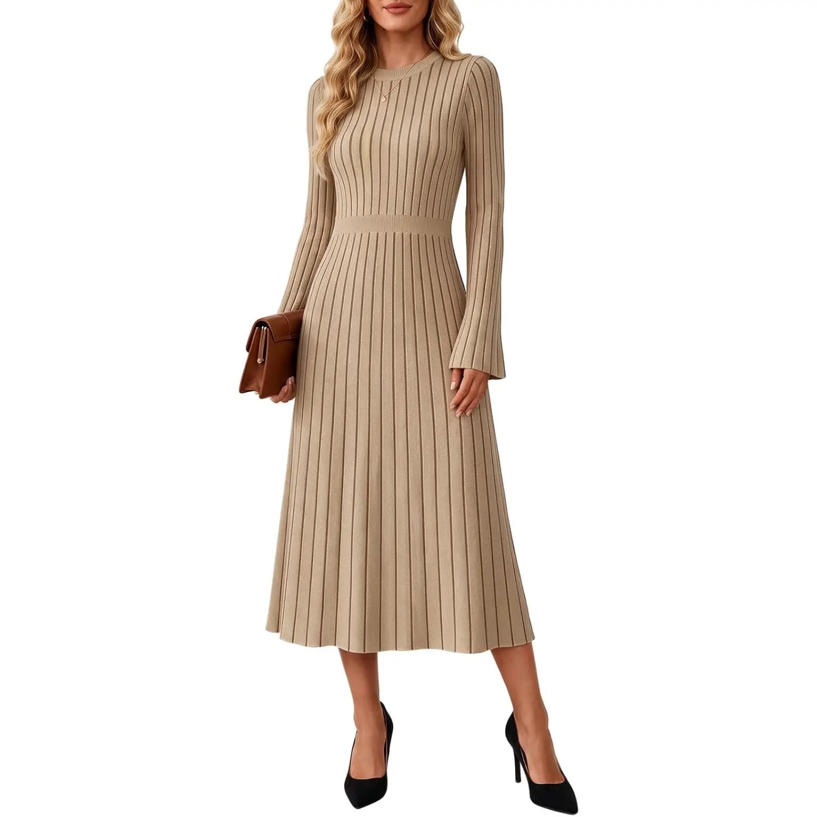 Wenrine Women's Long Sleeve Midi Sweater Dress Crew Neck A-Line Dresses | Bell Sleeve, Elastic Waist, Ribbed Knit, Contrast Trims, Wedding Guest Dresses, Slim Fit, Fall Winter, Elegant Casual