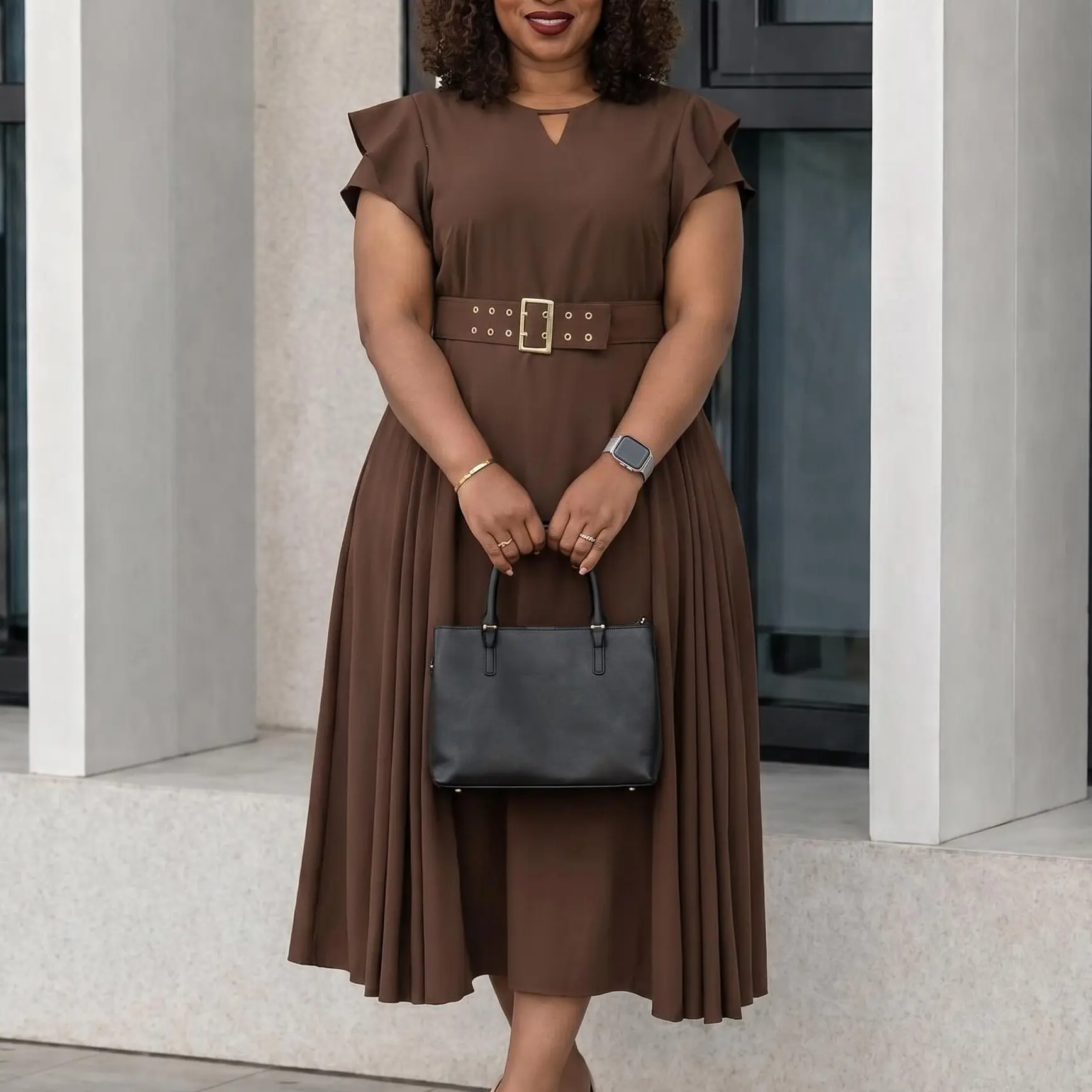 D629 Women Notch Neck Ruffle Short Sleeve Midi Dress, Pleated Swing Dress with Wide Waist Belt, Elegant Office Church Formal Dress