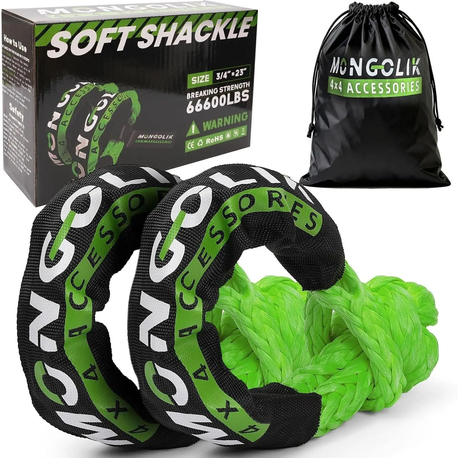 2PCS Synthetic Soft Shackle Rope 3/4 x 23in with 66000LBS Breaking Strength, Recovery Tow Shackles for Off-Road, Towing, Marine, Rigging, Green