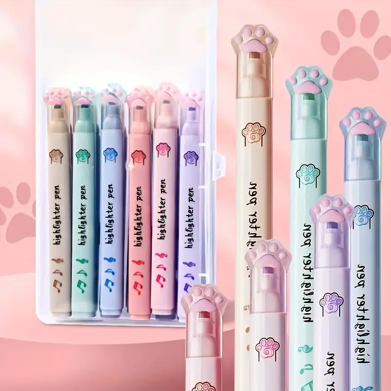6pcs Colorful Random Cat Claw Highlighter Pens, Cute Cartoon Highlighter Pens, Colorful Markers, Party Gift, Portable Tent Watercolor Markers