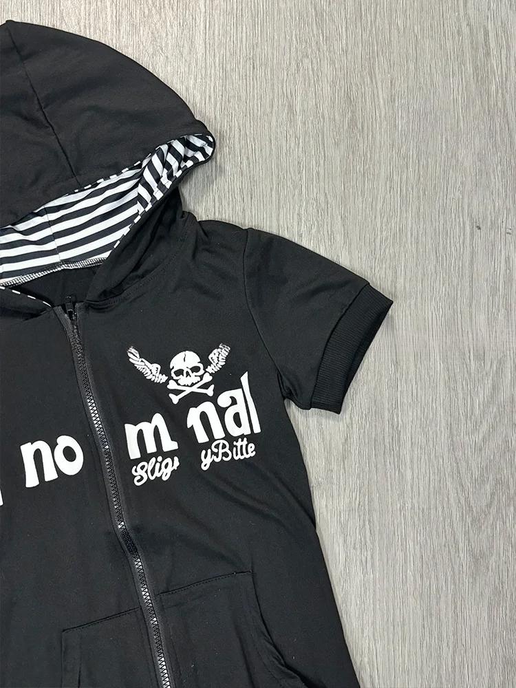 Y2K Subculture Skull Print Zip Cardigan Short Sleeve Women Japan Slim Fit Striped Hoodie Casual Tops Fashion Streetwear Clothes