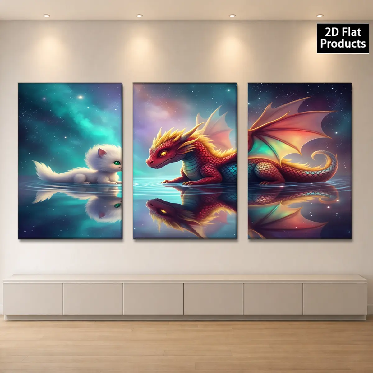 3-piece set 2D decorative painting - Canvas painting - A white cat and a red dragon facing each other in a starry sky reflection on the water - Affordable room decoration - Kitchen decoration - Wall painting - Autumn decoration clearance - Wall decorative