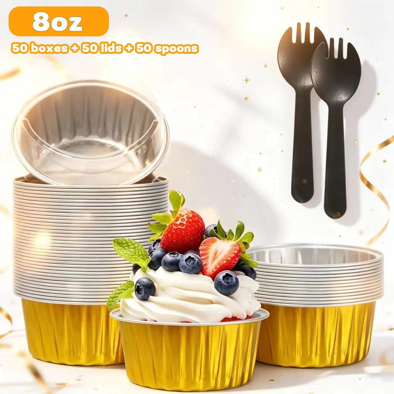50‑Pack Mini Cake Pans with Lids and Spoons, Aluminum Foil Baking Pans, 8oz Mini Baking Cake Molds, Round Baking Containers for Parties, Picnics, Cupcake Containers Wrappers, Baking Set, Christmas Gift, Bakeware, Baking Essentials, Baking Supplies