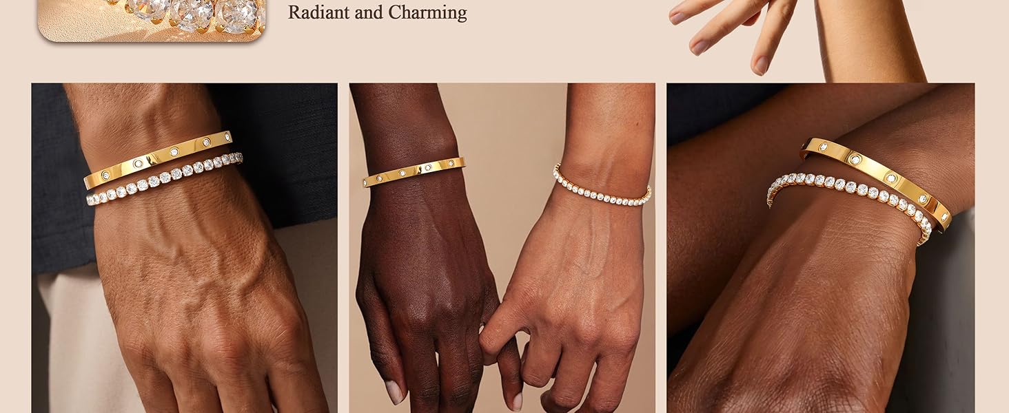 CASSIECA Gold Bracelet for Women 14K Gold Plated Stacking Bangle Tennis Bracelet Set Stainless Steel Adjustable Cubic Zirconia Tennis Bracelets Dainty Bangle Waterproof Jewellery Gifts for Women