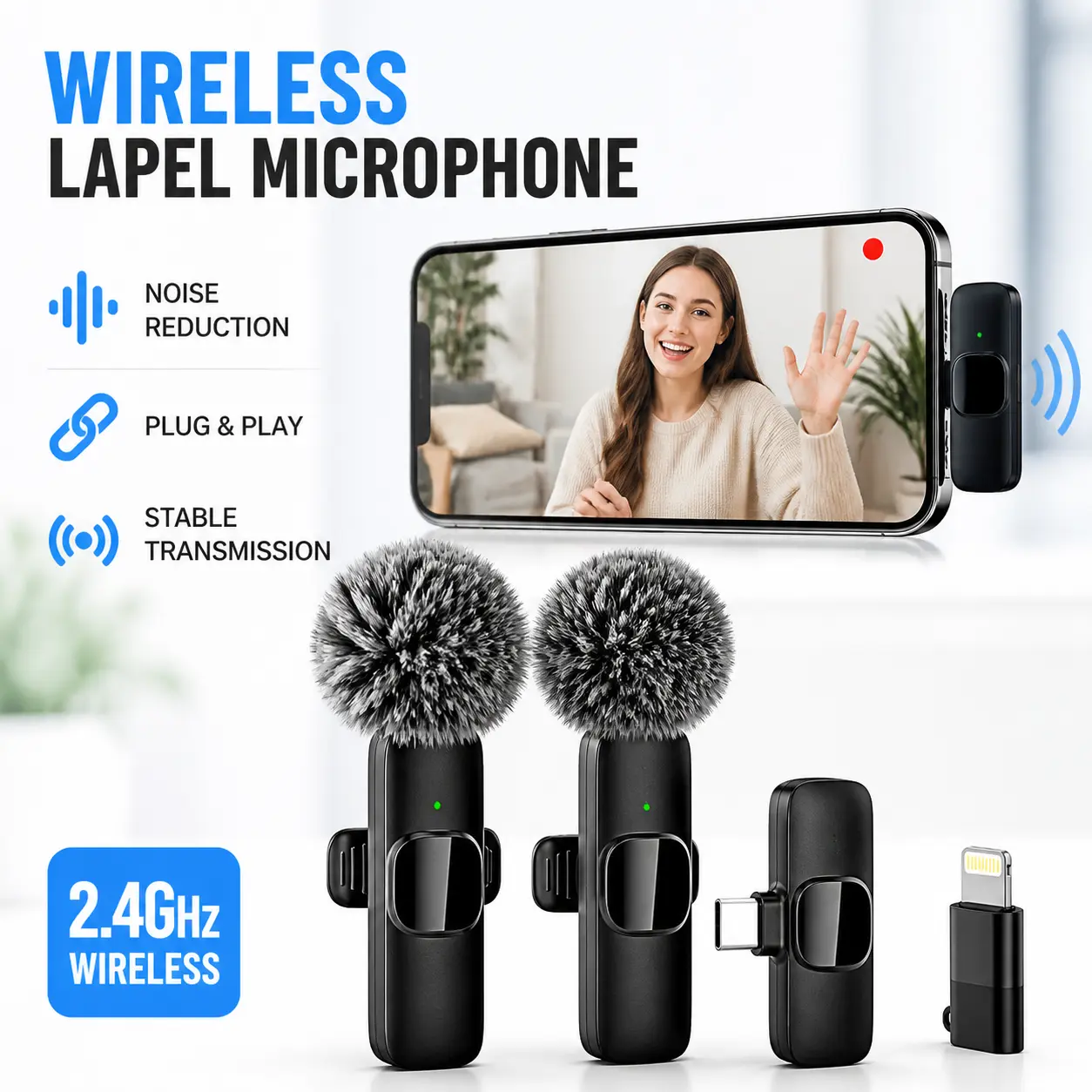 Professional Wireless Lapel Microphone Kit - 2 Clip-On Mics, Plug-and-Play, Noise Reduction Audio, Compatible with iPhone/iPad/Smartphone Device, Ideal for Business Video Recording, Interviews
