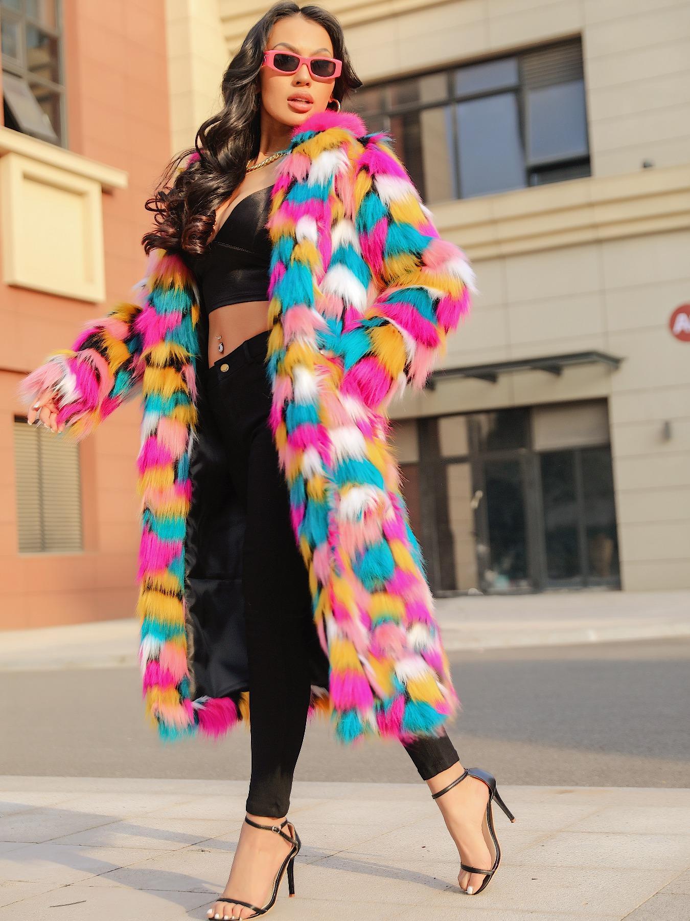 Women's Colorblock Faux Fur Jackets, Street Fashion Long Sleeve Fitted Coat for Daily Outdoor Wear, Women's Clothing for Fall & Winter, Fashion Outerwear