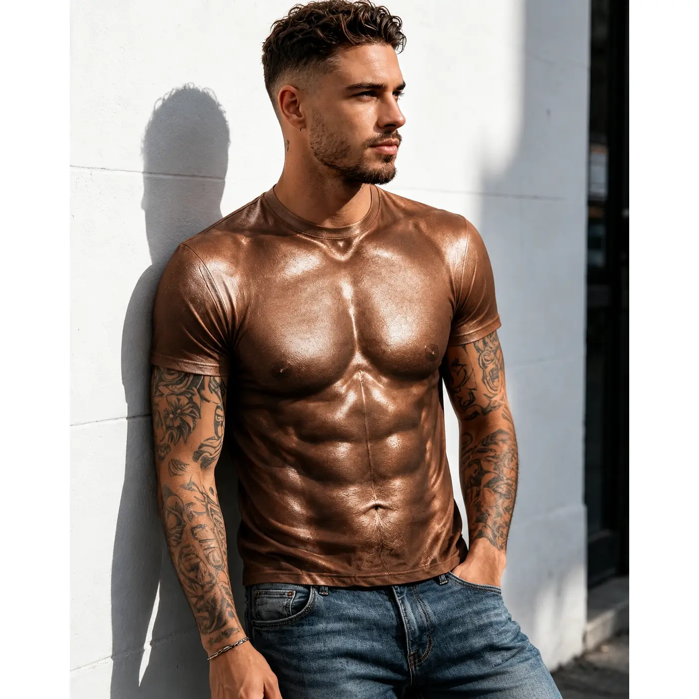 Men's 3D Muscle Print T Shirt, Funny Athletic Body Graphic Tee, 180 GSM 100% Cotton Short Sleeve Crew Neck Shirt for Gym, Party, Halloween Costume, Beach, Vacation, Cosplay, Workout Look, Novelty Gift for Men, Viral TikTok Outfit, Father's Day Gift