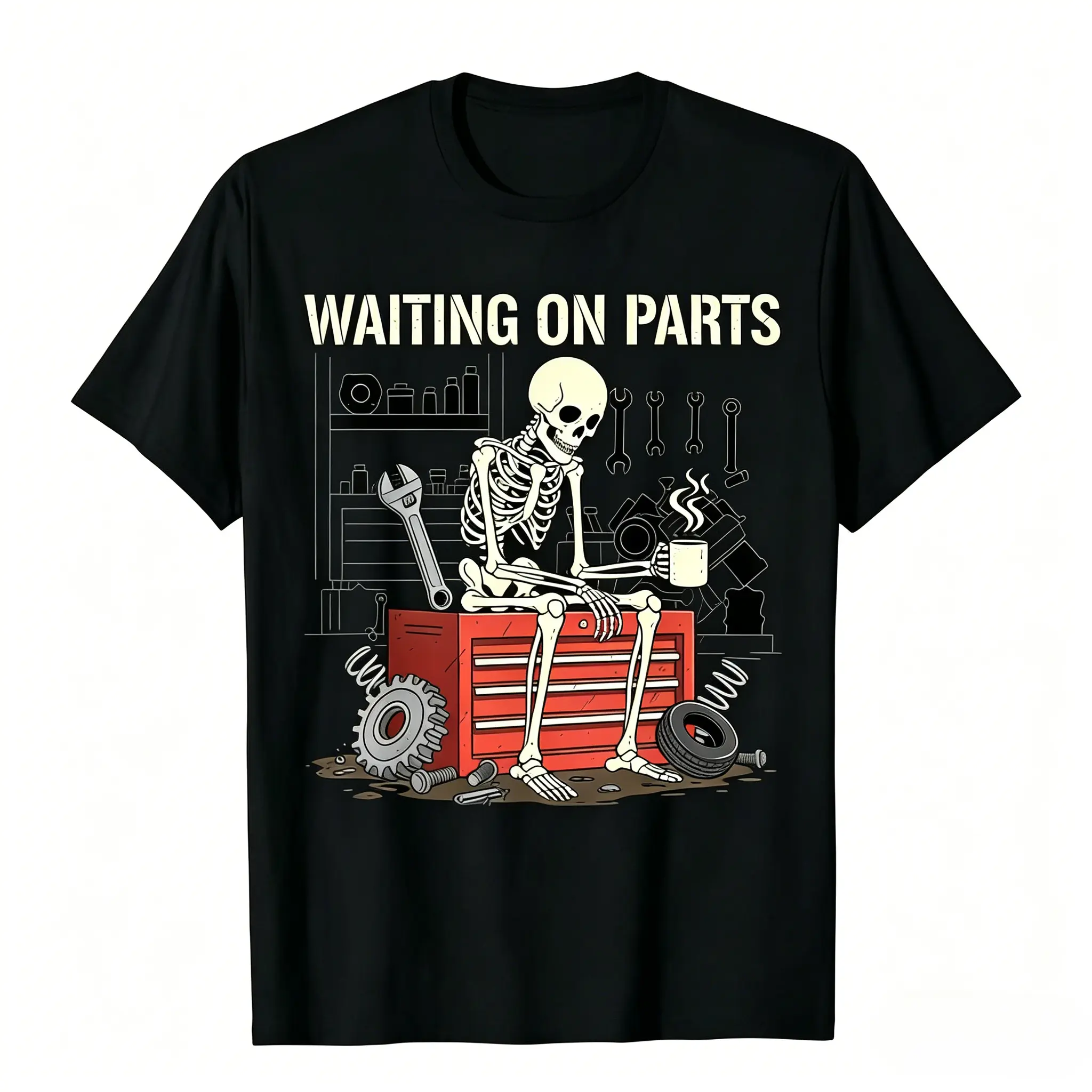 Funny Skeleton Mechanic Graphic T-Shirt in Soft Cotton, Unisex Oversized Street Style Novelty Shortsleeve Top, Casual, Round Neck
