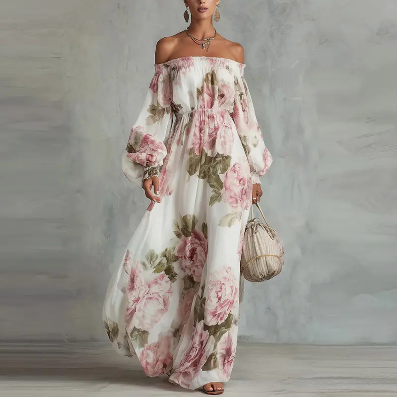 Women's Floral Off-Shoulder Chiffon Maxi Dress, No See-Through, Sun Protection, Hides Body Fat, Wrinkle Resistant, Ideal for Beach Vacation Party