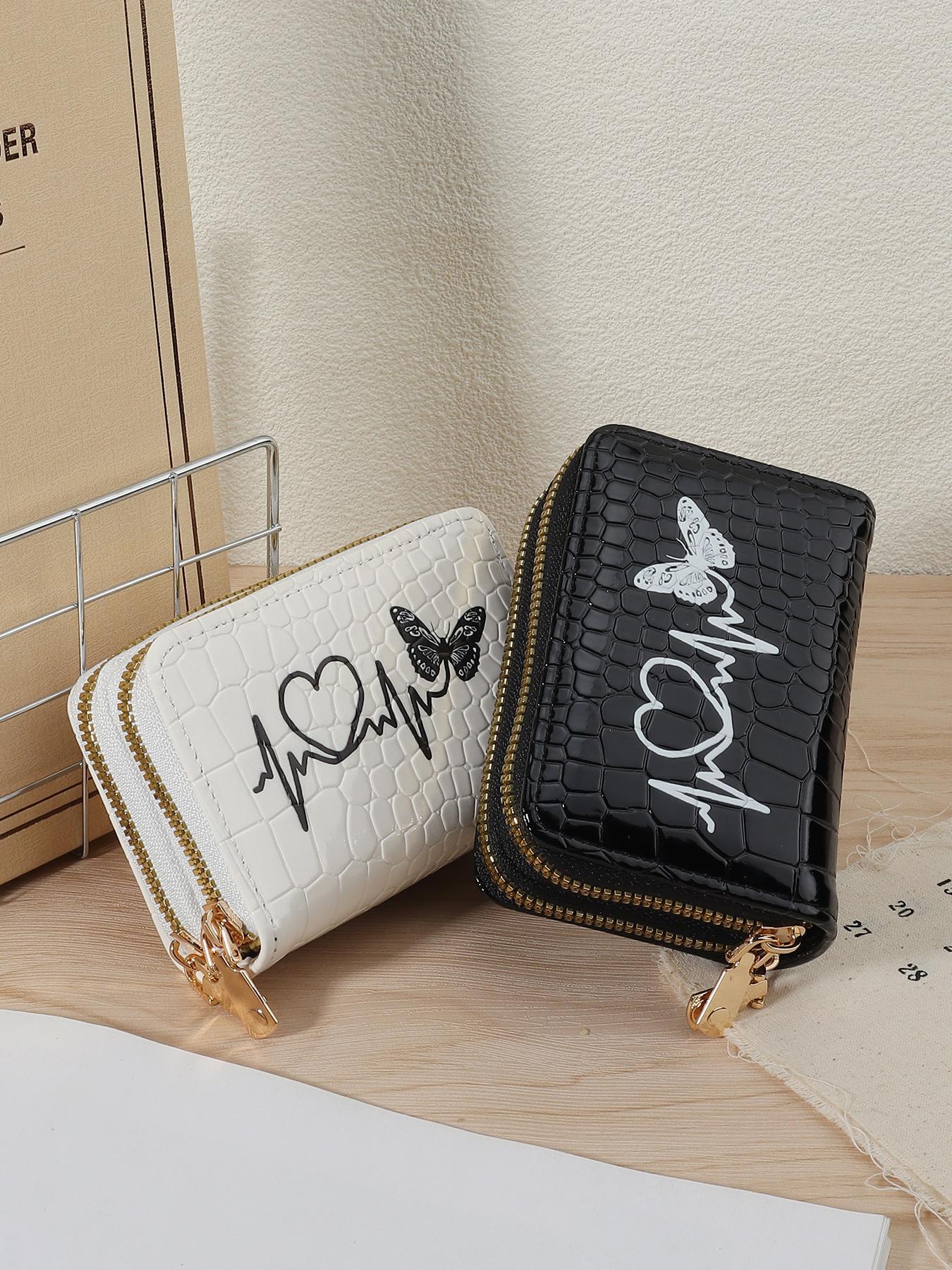 Fashionable Butterfly & Heart Pattern Card Holder, Minimalist Double Zipper Portable Short Wallet, Large Capacity Multifunctional Card Bag, Cardholder, Exquisite Cardholder, Card Organizer