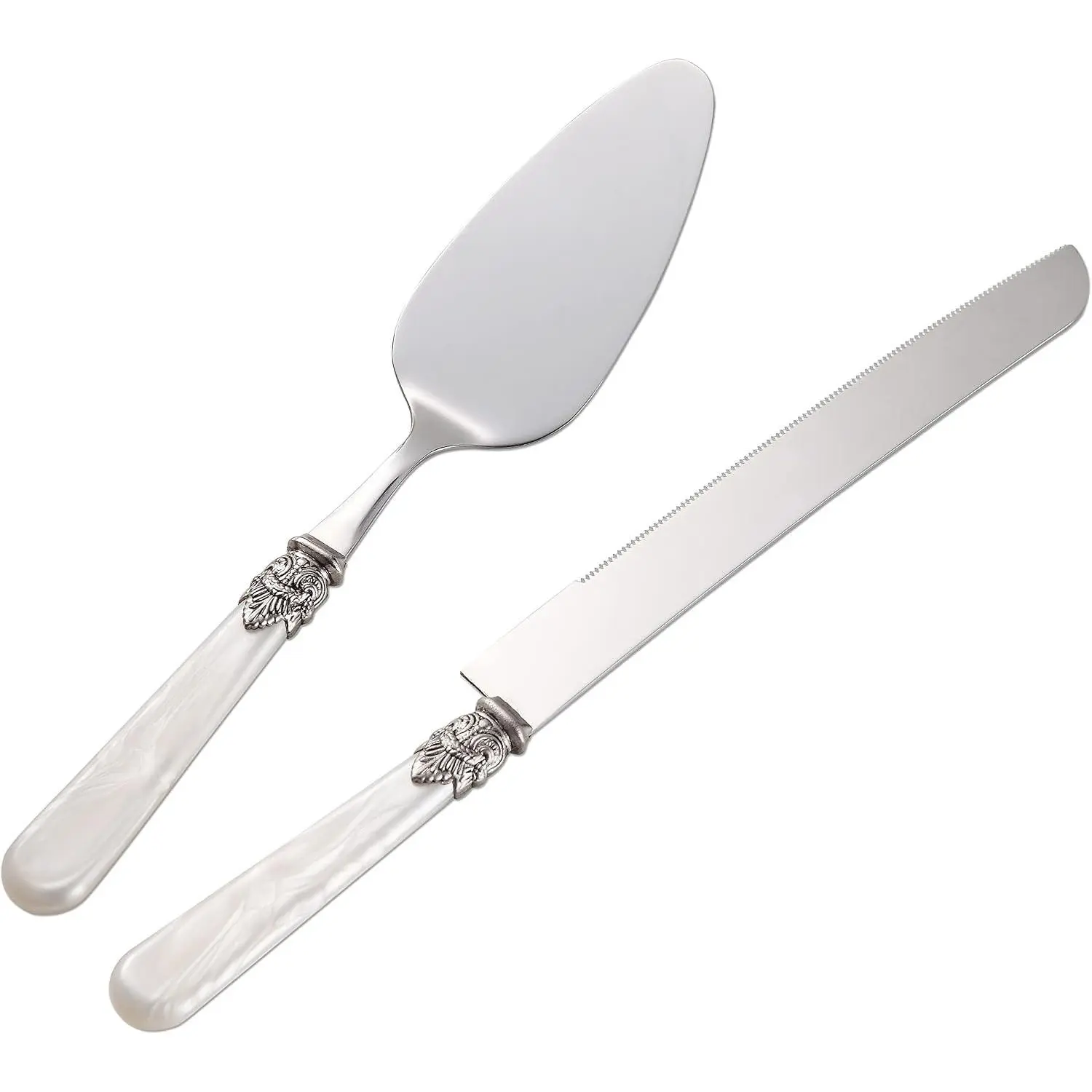 Wedding Cake Knife and Server Set, Fancy Hand Crafted Italian Style Design, Pearl Pie Knife Server Set, Vintage Silverware, Cake Cutter Set, Cake Knife Gift Set, 2 pcs White