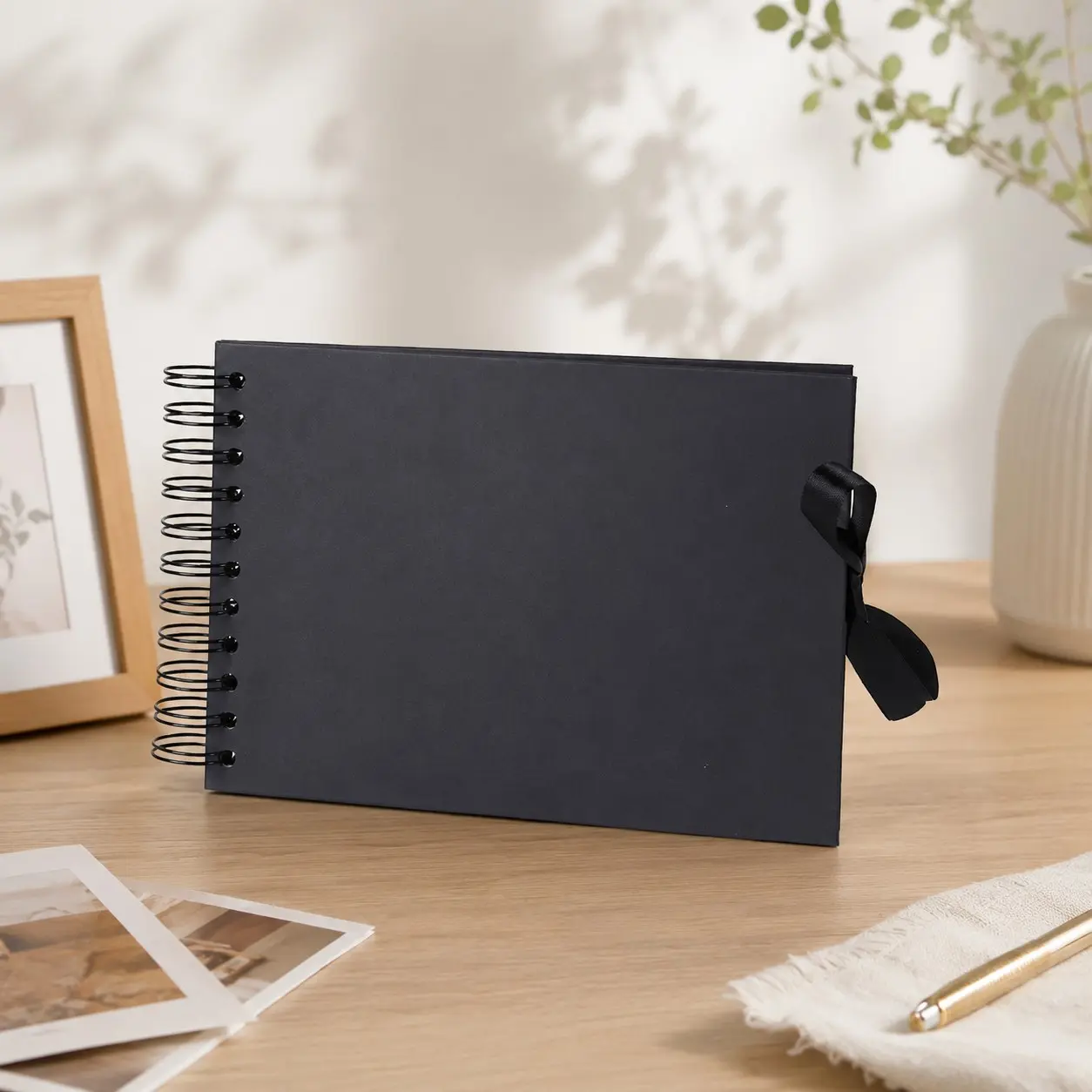 [A5 Size, 60 Pages] DIY Scrapbook Photo Album, Handmade Crafts Hardcover Black Cardstock Memory Book with Ribbon Tie and Spiral Bound for Anniversary, Wedding Guest Book, Graduation Travel Scrapbooking Photo Organizer