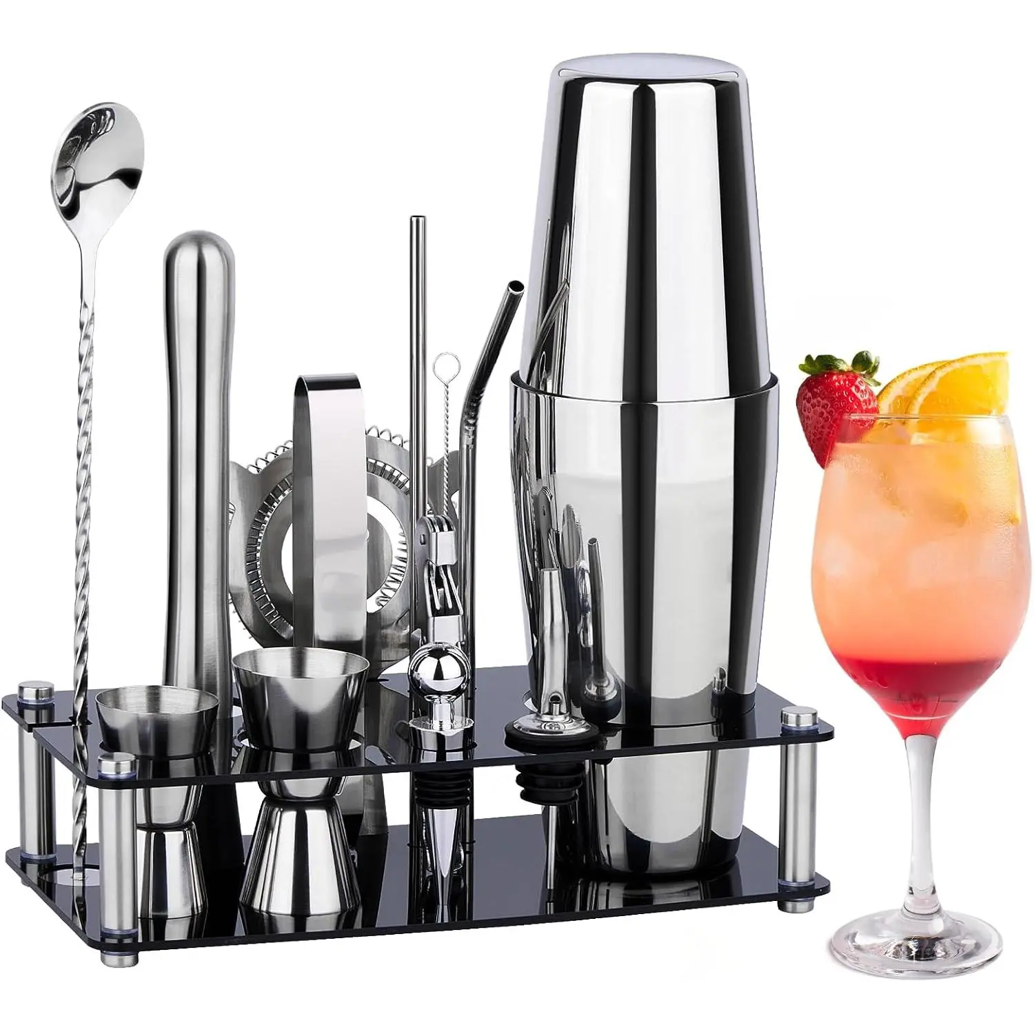 Shaker Set Bartender Kit : 15- Bar Tool Set with  Stand Bars Set with  Practical Bar Accessories, for Drink Mixing, Bar, , Lounge & Party,