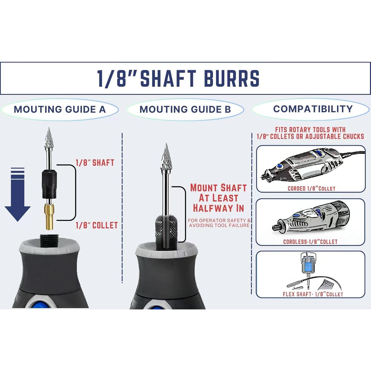 20 count Double Cut Carbide Rotary Burr Set 1/8" Shank Compatible with Dremel for Metal Glass Woodworking, Drilling, Carving, Engraving, Polishing with 2 Collets 20 count Double Cut Carbide Rotary Burr Set 1/8" Shank Compatible with Dremel for Metal Glass Woodworking, Drilling, Carving, Engraving, Polishing with 2 Collets