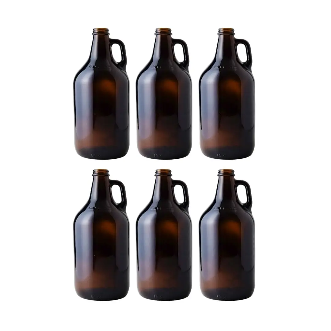 FastRack 64 oz Amber Glass Growlers (Pack of 6) | Half Gallon Beer Growler with 18 Poly Seal Caps | Reusable 1/2 Gallon Glass Jug for Homebrew, Kombucha, and Beverage Storage