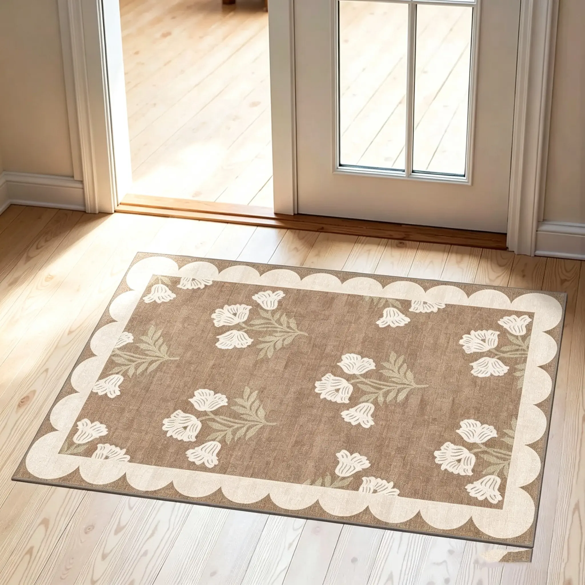 Floor entrance exterior decorative non-slip water-washable floor mat, universal for indoor and outdoor use, brown-toned farmhouse fan-shaped edge small carpet, suitable for entrance, kitchen and porch areas, Decorative Mats, Outdoor Doormat