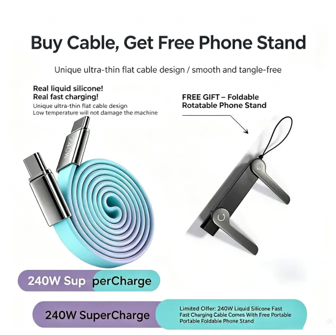 240W Super Fast Charging Silicone USB-C to USB-C PD Cable for iPhone 15/16/17, Smartphones, Cellphones, Android Devices, iPads, Electronic Laptops | Free Portable Mobile Phone Stand Gift, Charging Accessory, Fast Charging Cables