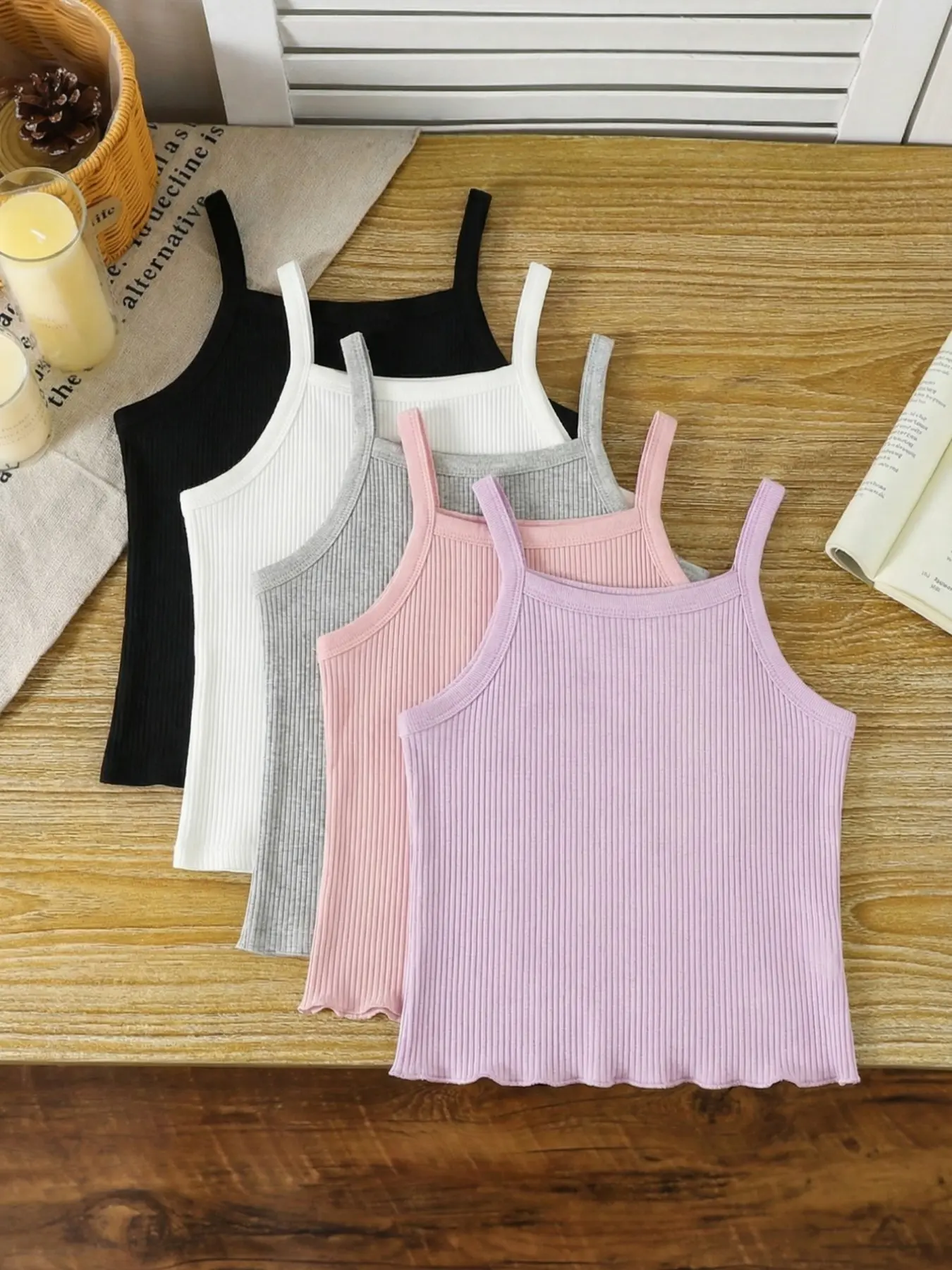 5-12 years,Girls' Simple Solid Color Ribbed Knit Wavy Hem Camisole Tops, Comfortable & Breathable, Suitable For Teenagers And Students For Daily Wear,All Seasons