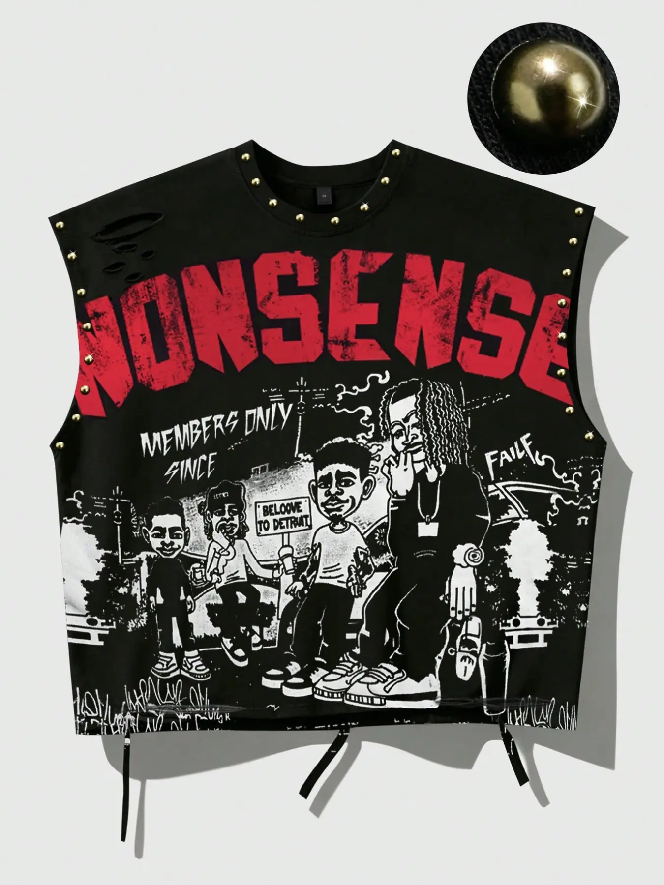 NONSENSE slogan vest for men, rapper, black dreadlocks, cotton vest, unisex style, cartoon character print, ripped details, gold stud embellishments, sleeveless vest, aesthetic American retro European and American street style, new men's vest, Y2K style.