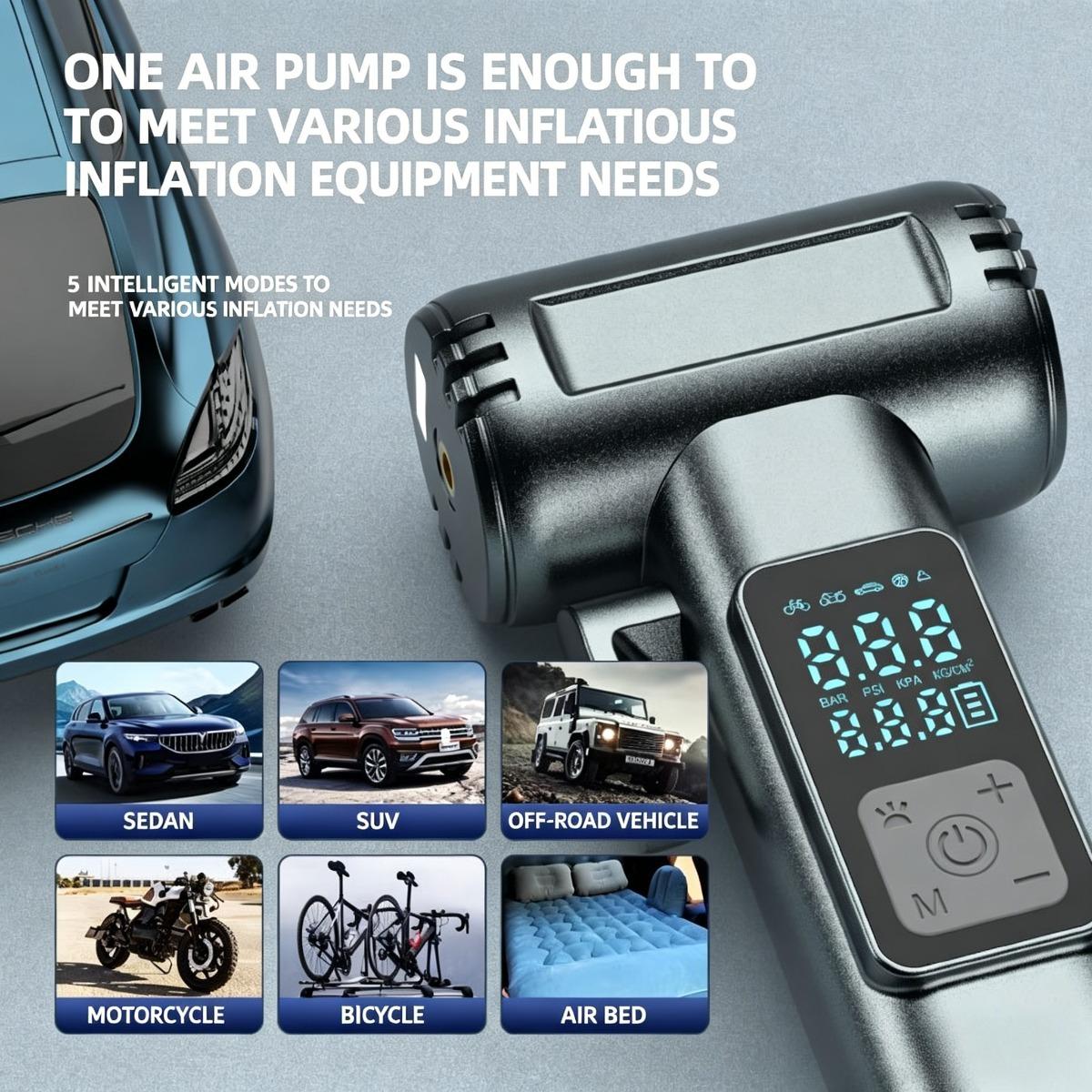 Portable Cordless Tire Inflator with Emergency Tools - 12V Wireless Car Air Pump, Digital Pressure Gauge, Power Bank, Safety Hammer & Seatbelt Cutter, Rechargeable Tire Pump for Cars, Bikes, SUVs Reusable