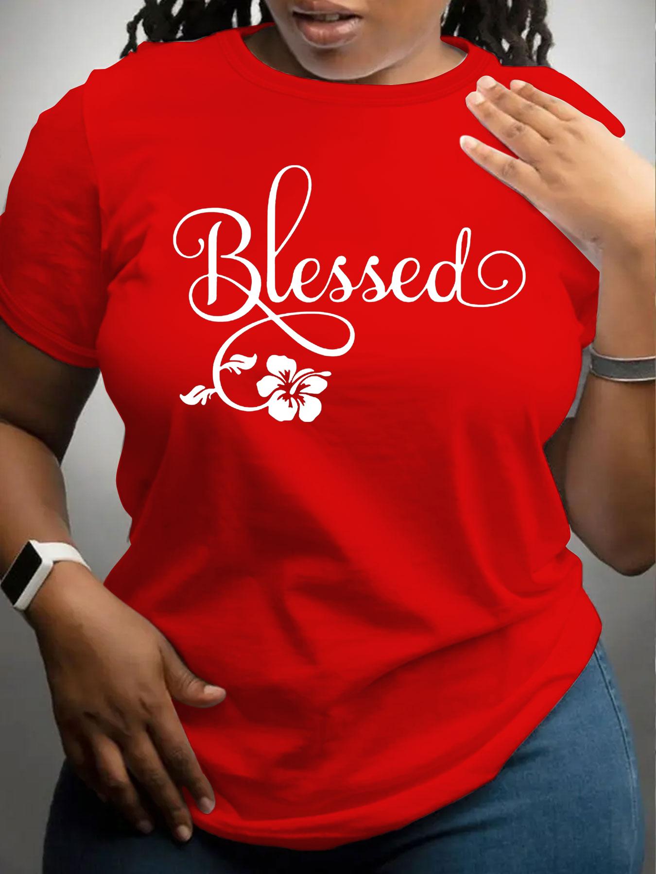 【Plus Size】 Letter & Flower Print Round Neck Tee, Casual Short Sleeve Crew Neck T-Shirt for Daily Wear, Women Plus Clothing for All Seasons