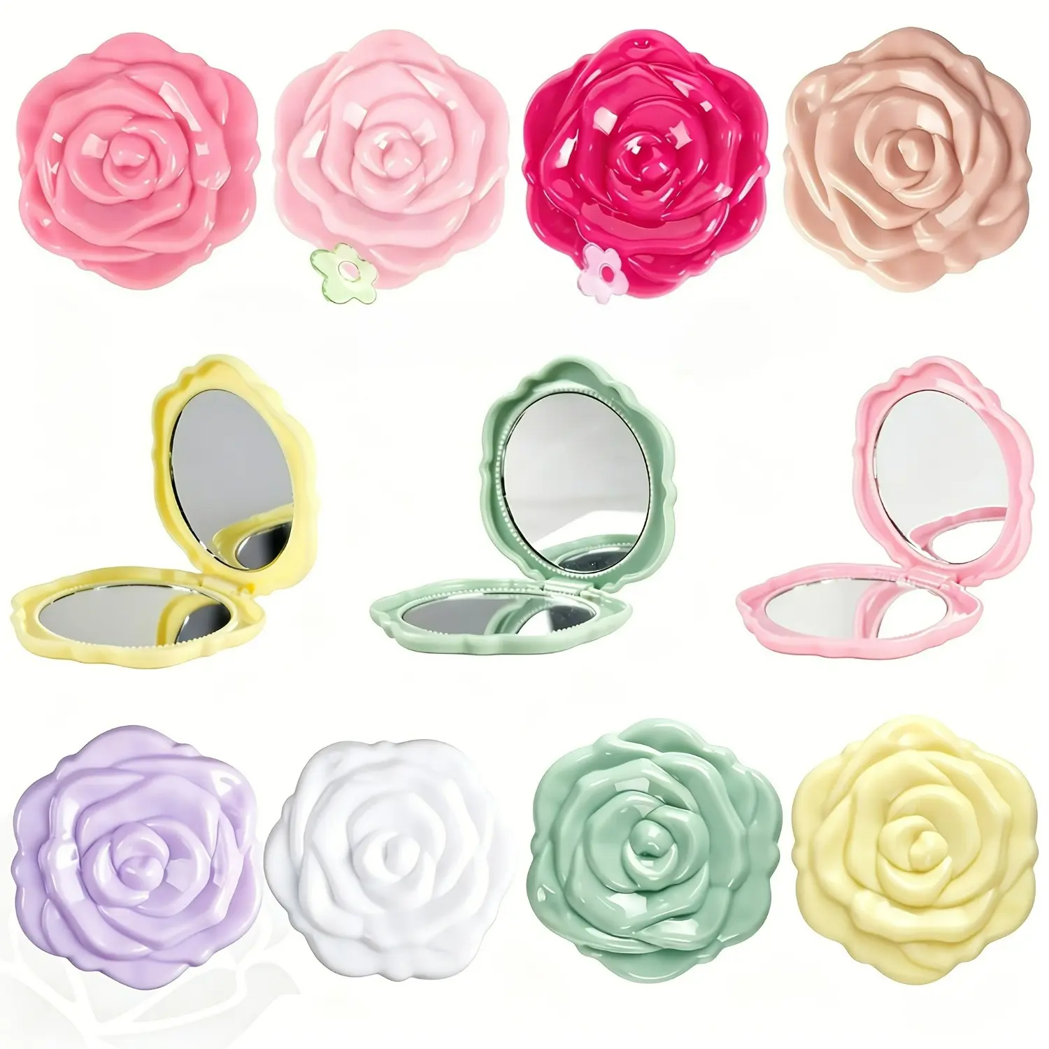 15pcs Retro Rose-Shaped Portable Foldable Makeup Mirrors Suitable for Brides, Vintage Wedding Favors, Polished Compact Mirrors with Random Colors, Ideal Gift for Beauty Enthusiasts & Retro Style