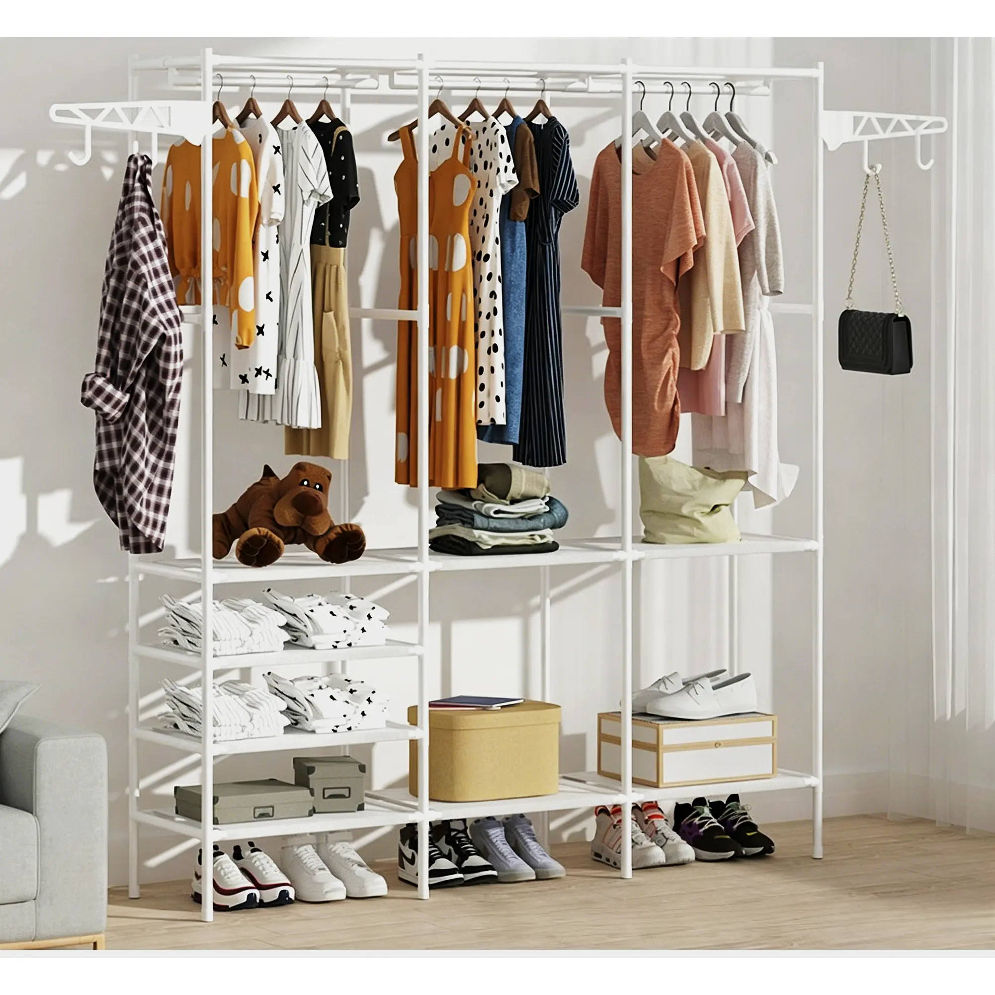 [HUOMAQFAN] White Portable Closet Wardrobe, 68x63x14 in 3-Layer 3-Section Home Organizer with Clothes Hanging Rack, Hooks for Bedrooms, Holds 20 - 25 Kg Heavy Winter Wear
